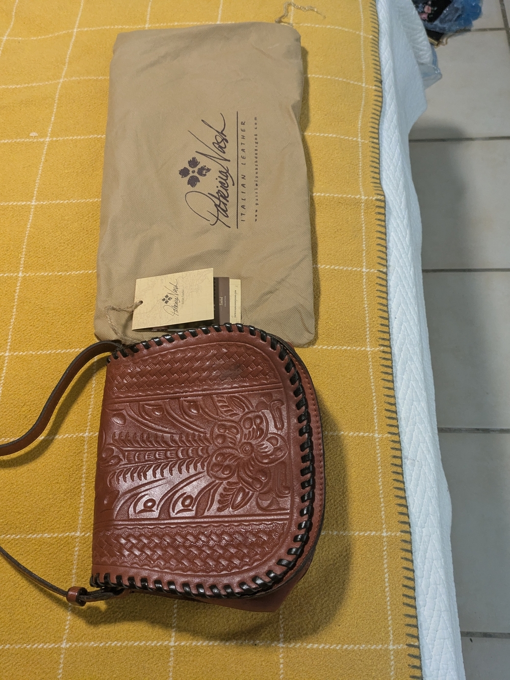 Patricia Nash Chestnut Tooled Leather Crossbody Saddle Bag